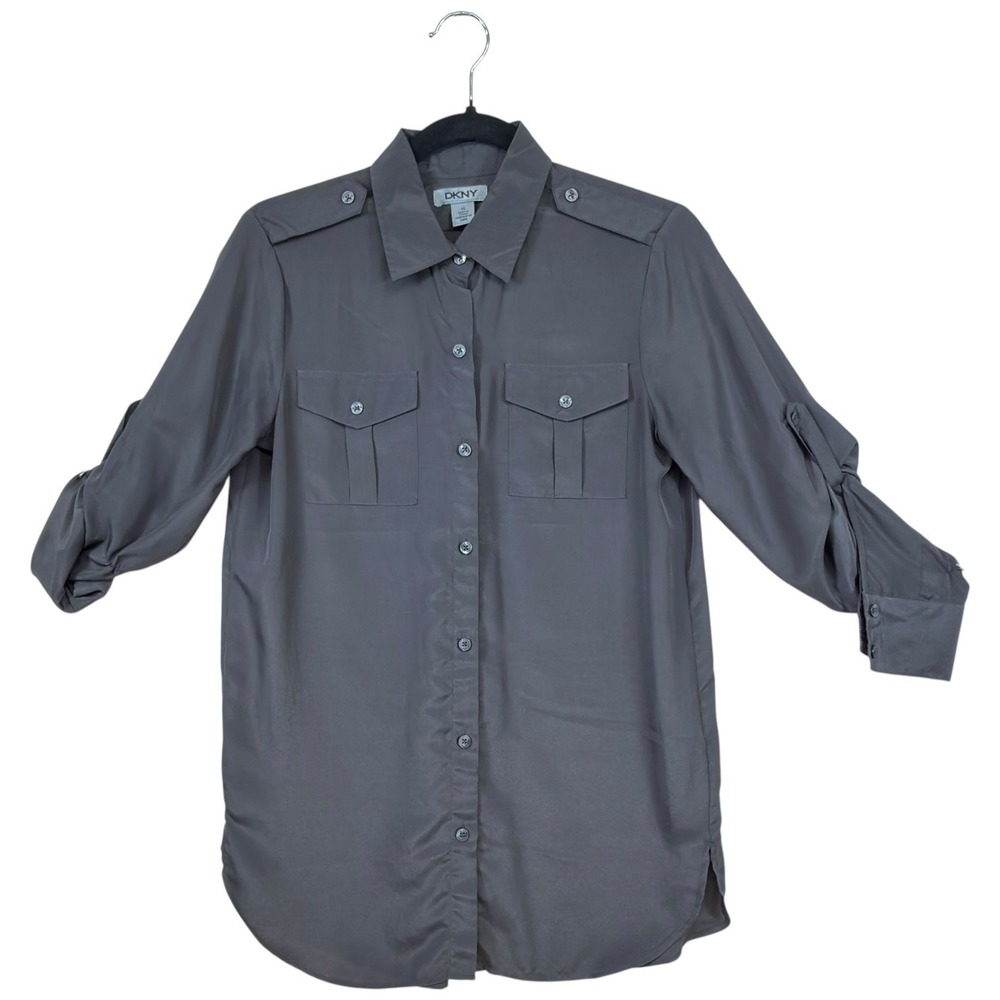 DKNY‎ Gray Utility Button Front Blouse XS Roll Tab Sleeve Minimalist Office Top